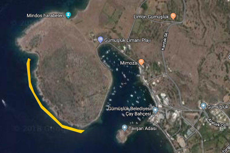 Kocadağ Yarımadası ya da Bayraktepe Olta Balıkçılığı alanı - Sarı bantlı alan (Görsel; Google Haritalar - Uyarlama Yalçın Çakır)