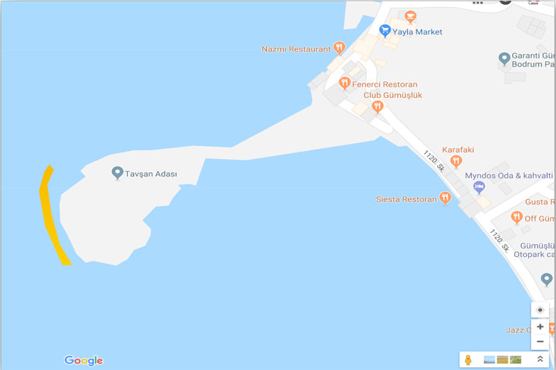 Tavşan Adası Olta Balıkçılığı alanı - Sarı bantlı alan (Görsel; Google Haritalar - Uyarlama Yalçın Çakır)
